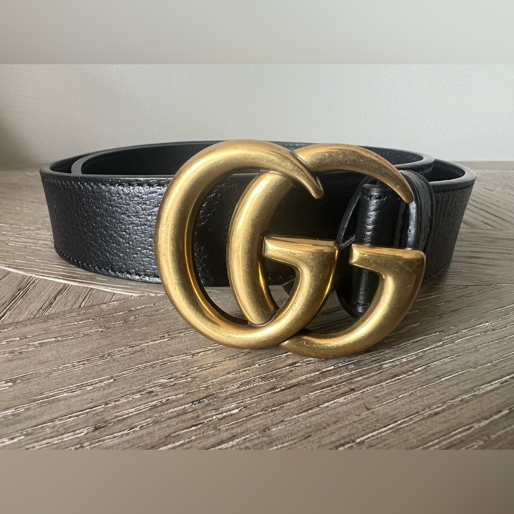 SOLD Authentic Black Women’s Gucci Belt Small Gold GG Sz 75cm